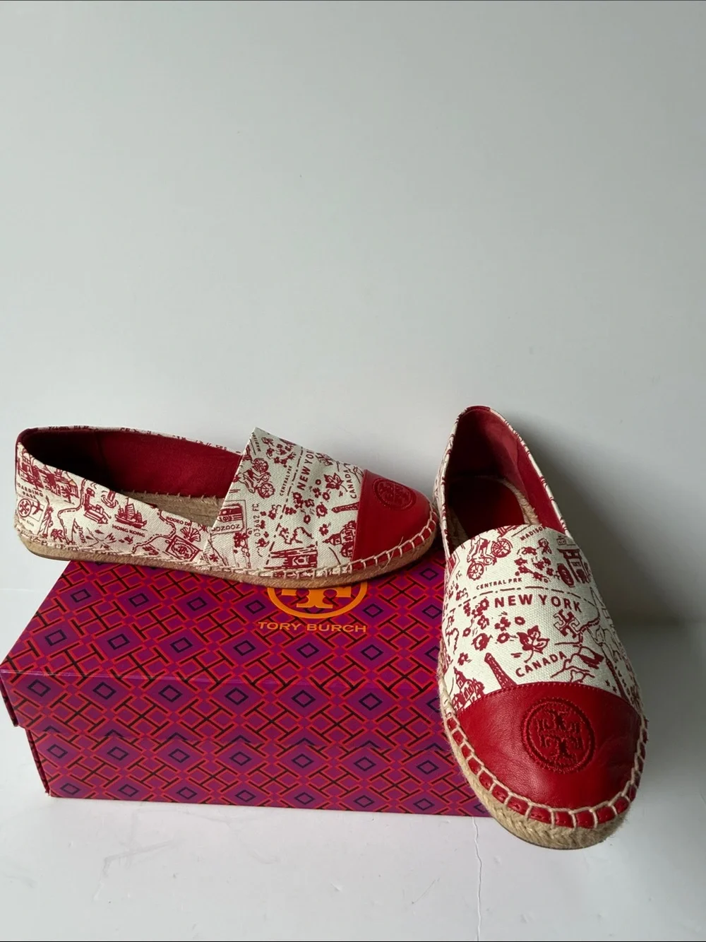 Tory Burch Red Destination & Cream Printed Espadrille Slip-On